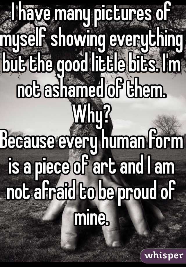 I have many pictures of myself showing everything but the good little bits. I'm not ashamed of them.
Why?
Because every human form is a piece of art and I am not afraid to be proud of mine.