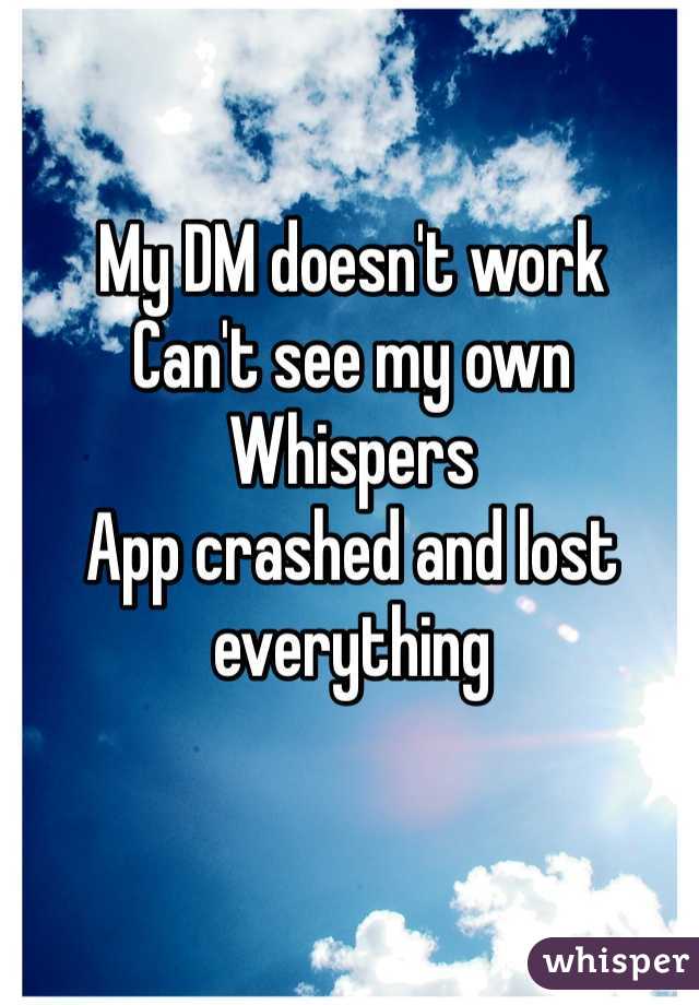My DM doesn't work 
Can't see my own Whispers 
App crashed and lost everything 