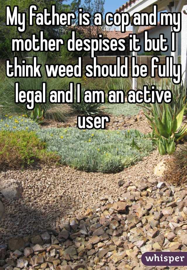 My father is a cop and my mother despises it but I think weed should be fully legal and I am an active user