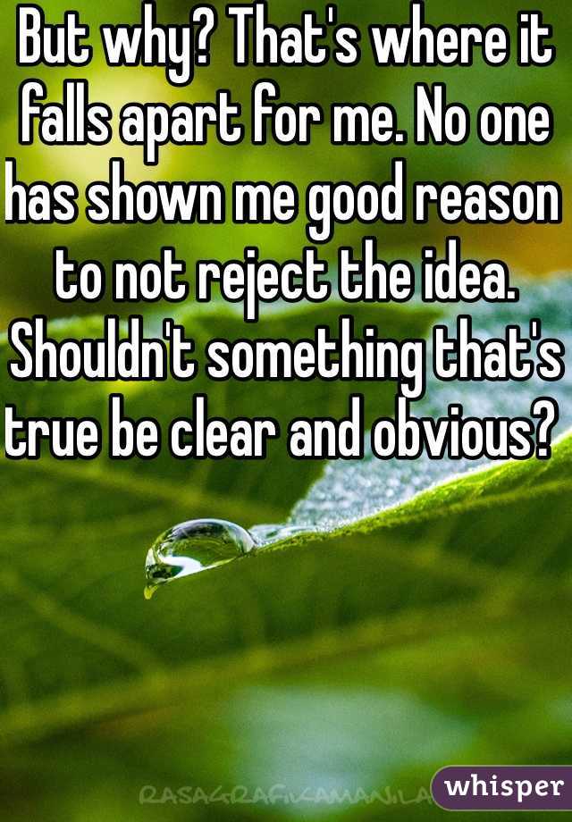 But why? That's where it falls apart for me. No one has shown me good reason to not reject the idea. Shouldn't something that's true be clear and obvious? 