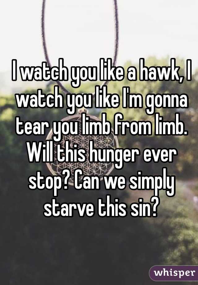 I watch you like a hawk, I watch you like I'm gonna tear you limb from limb. Will this hunger ever stop? Can we simply starve this sin?