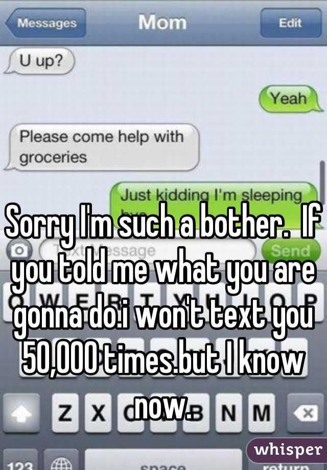 Sorry I'm such a bother.  If you told me what you are gonna do.i won't text you 50,000 times.but I know now.