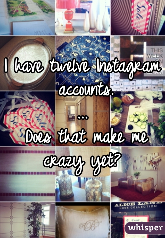 I have twelve Instagram accounts.
...
 Does that make me crazy yet? 