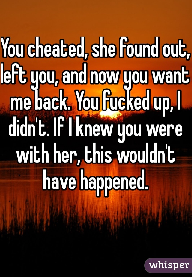You cheated, she found out, left you, and now you want me back. You fucked up, I didn't. If I knew you were with her, this wouldn't have happened. 