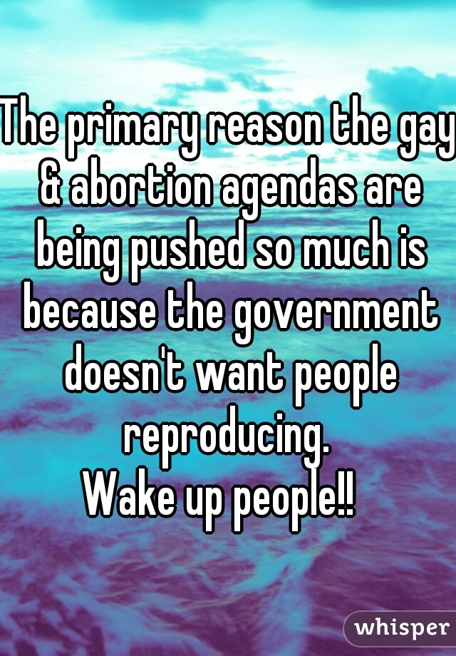 The primary reason the gay & abortion agendas are being pushed so much is because the government doesn't want people reproducing. 
Wake up people!!  
