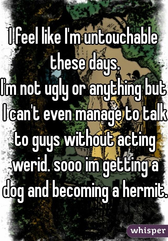 I feel like I'm untouchable these days.
I'm not ugly or anything but I can't even manage to talk to guys without acting werid. sooo im getting a dog and becoming a hermit. 