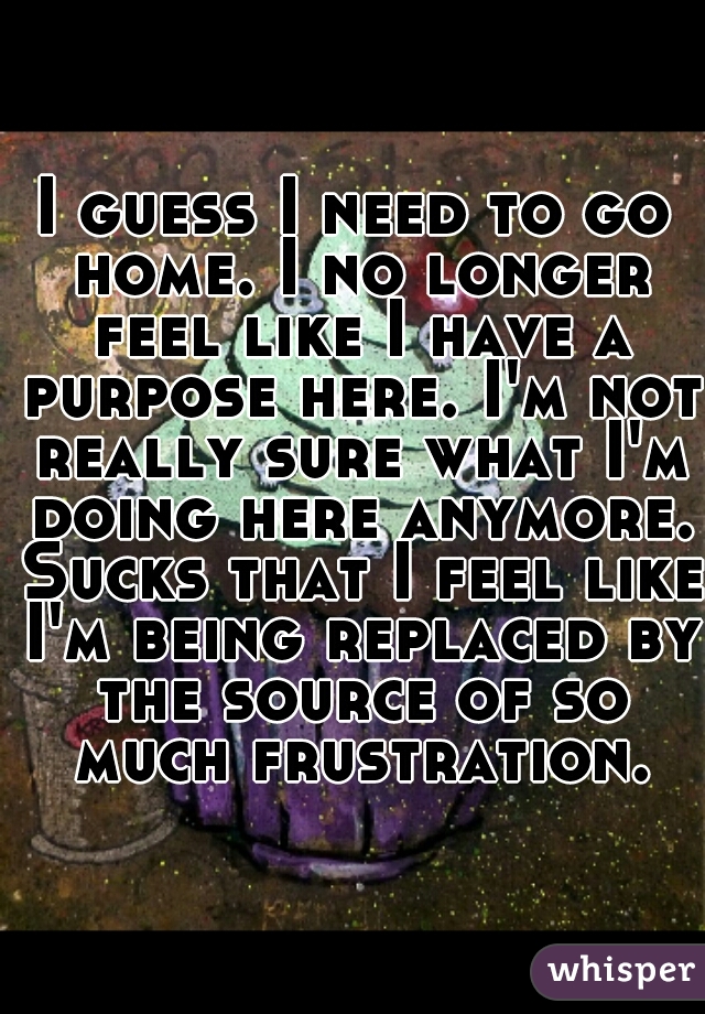 I guess I need to go home. I no longer feel like I have a purpose here. I'm not really sure what I'm doing here anymore. Sucks that I feel like I'm being replaced by the source of so much frustration.