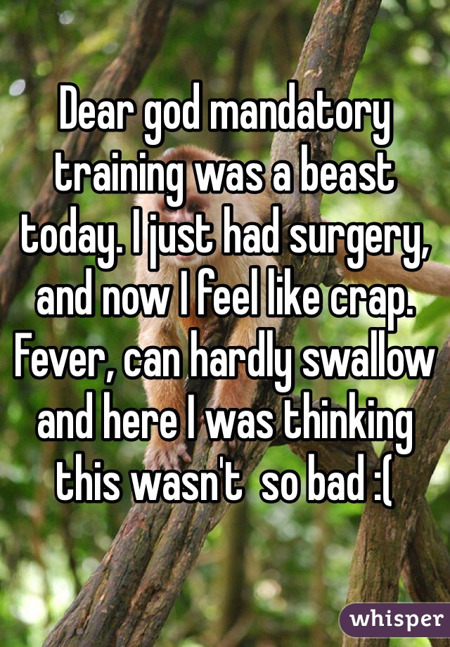 Dear god mandatory training was a beast today. I just had surgery, and now I feel like crap.  Fever, can hardly swallow and here I was thinking this wasn't  so bad :(