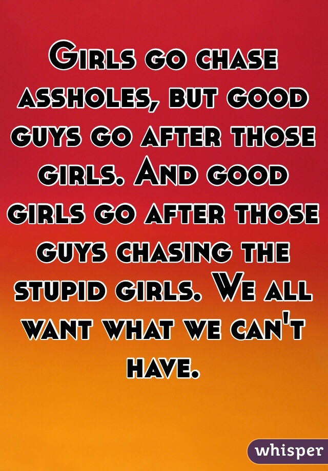 Girls go chase assholes, but good guys go after those girls. And good girls go after those guys chasing the stupid girls. We all want what we can't have.