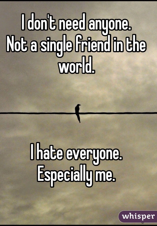 I don't need anyone.
Not a single friend in the world.



I hate everyone.
Especially me.