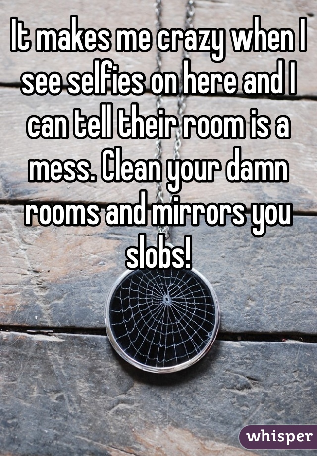 It makes me crazy when I see selfies on here and I can tell their room is a mess. Clean your damn rooms and mirrors you slobs! 