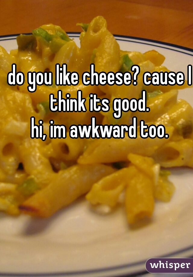do you like cheese? cause I think its good. 

hi, im awkward too.