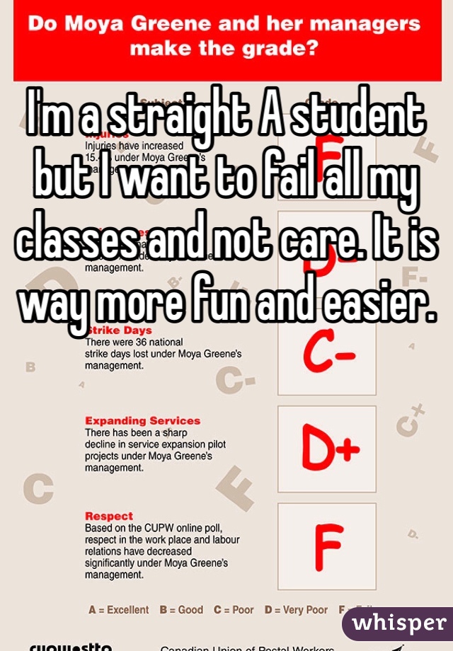 I'm a straight A student but I want to fail all my classes and not care. It is way more fun and easier. 