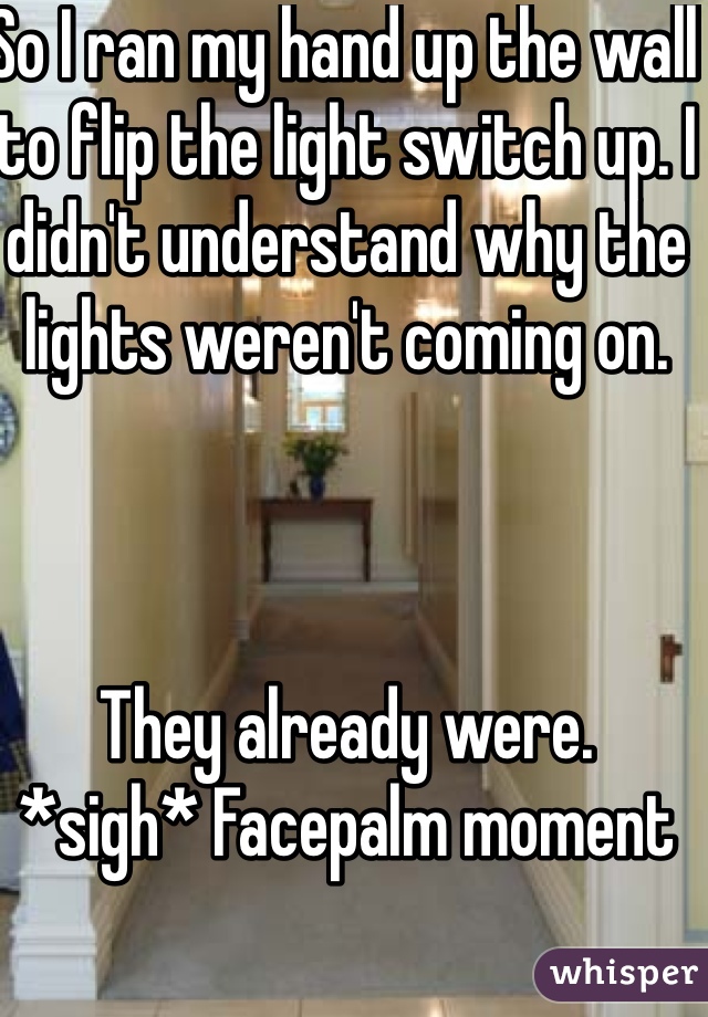 So I ran my hand up the wall to flip the light switch up. I didn't understand why the lights weren't coming on.



They already were.
*sigh* Facepalm moment