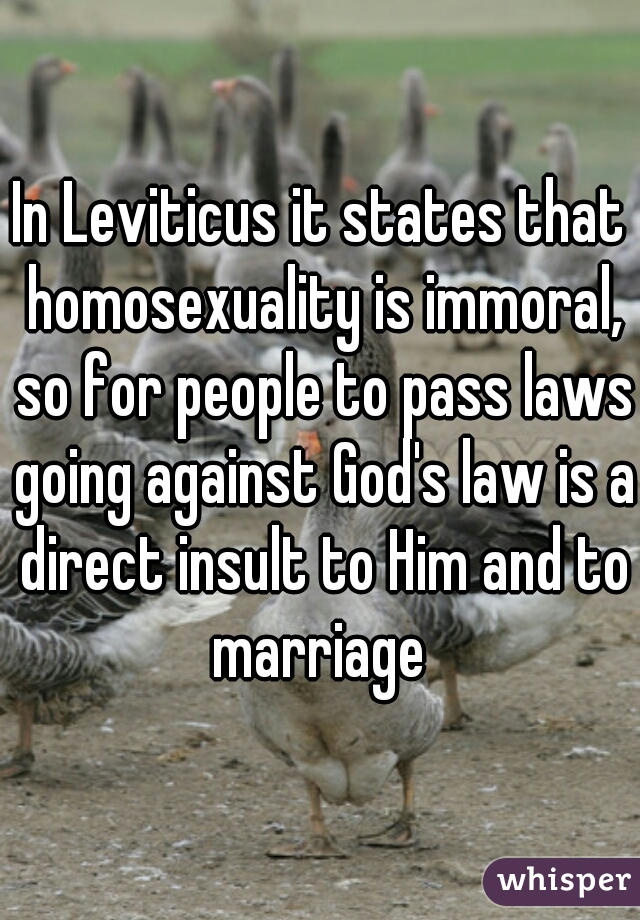 In Leviticus it states that homosexuality is immoral, so for people to pass laws going against God's law is a direct insult to Him and to marriage 