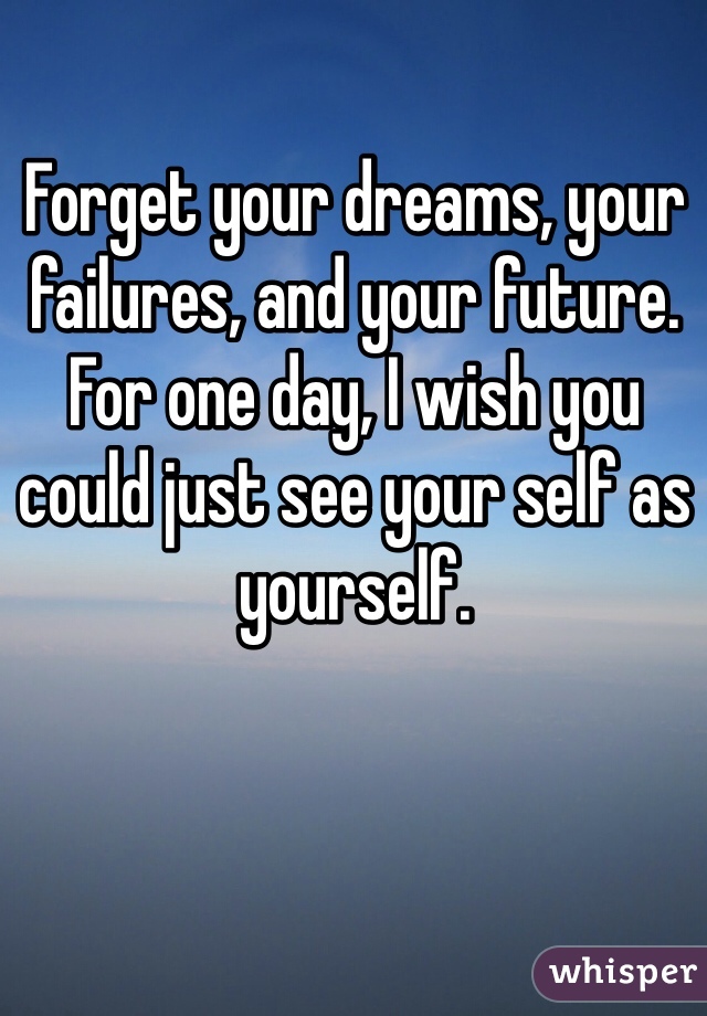 Forget your dreams, your failures, and your future. For one day, I wish you could just see your self as yourself. 