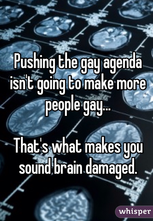 Pushing the gay agenda isn't going to make more people gay...

That's what makes you sound brain damaged.