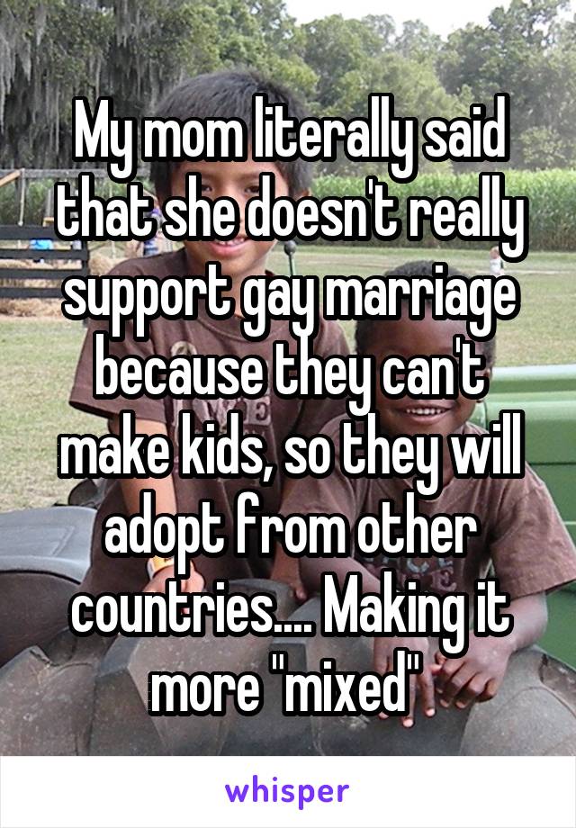 My mom literally said that she doesn't really support gay marriage because they can't make kids, so they will adopt from other countries.... Making it more "mixed" 