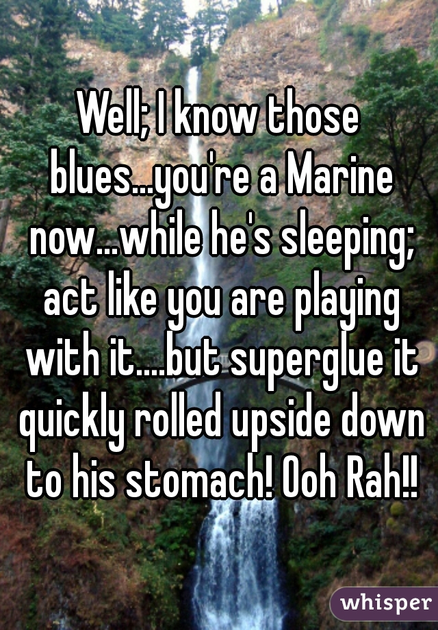 Well; I know those blues...you're a Marine now...while he's sleeping; act like you are playing with it....but superglue it quickly rolled upside down to his stomach! Ooh Rah!!