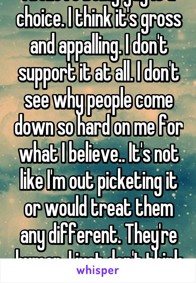 I believe being gay is a choice. I think it's gross and appalling. I don't support it at all. I don't see why people come down so hard on me for what I believe.. It's not like I'm out picketing it or would treat them any different. They're human. I just don't think it's right.  
