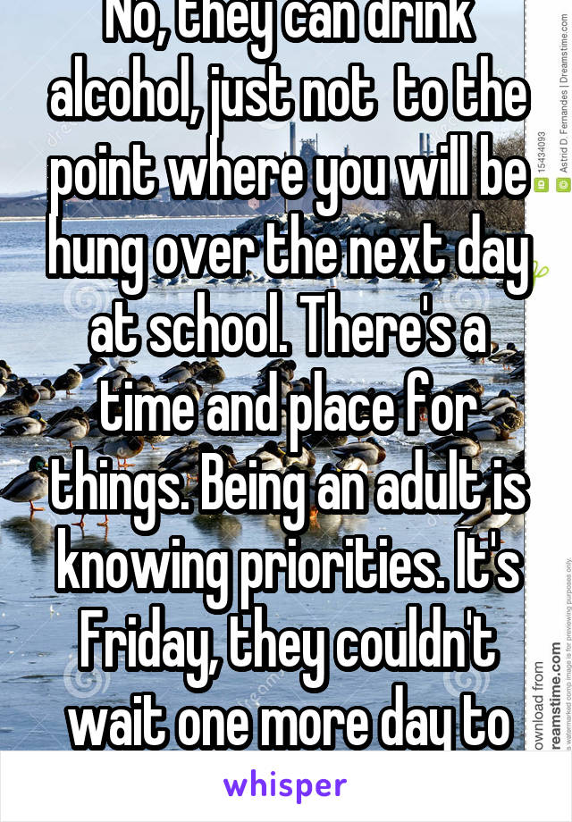 No, they can drink alcohol, just not  to the point where you will be hung over the next day at school. There's a time and place for things. Being an adult is knowing priorities. It's Friday, they couldn't wait one more day to drink that excessively?