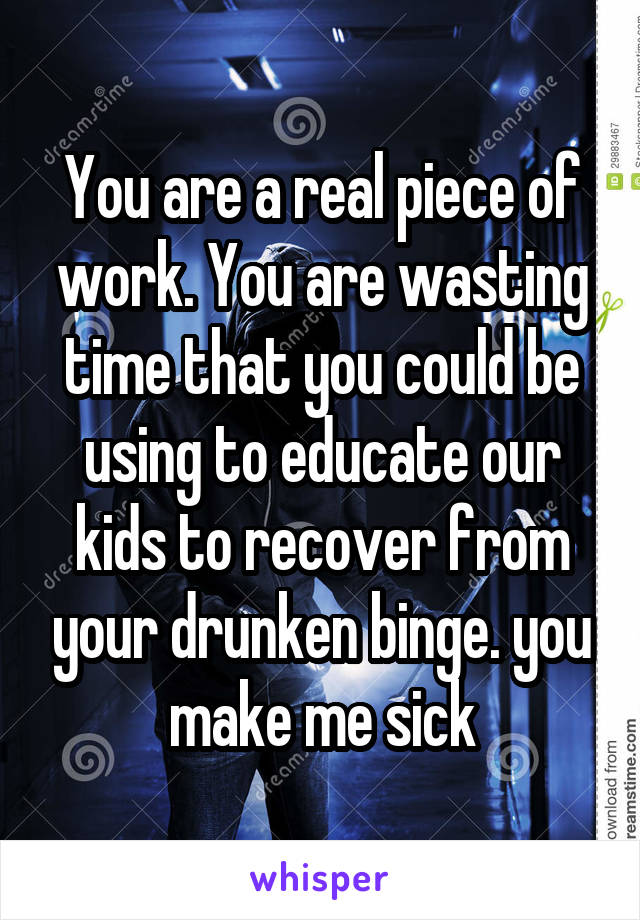 You are a real piece of work. You are wasting time that you could be using to educate our kids to recover from your drunken binge. you make me sick