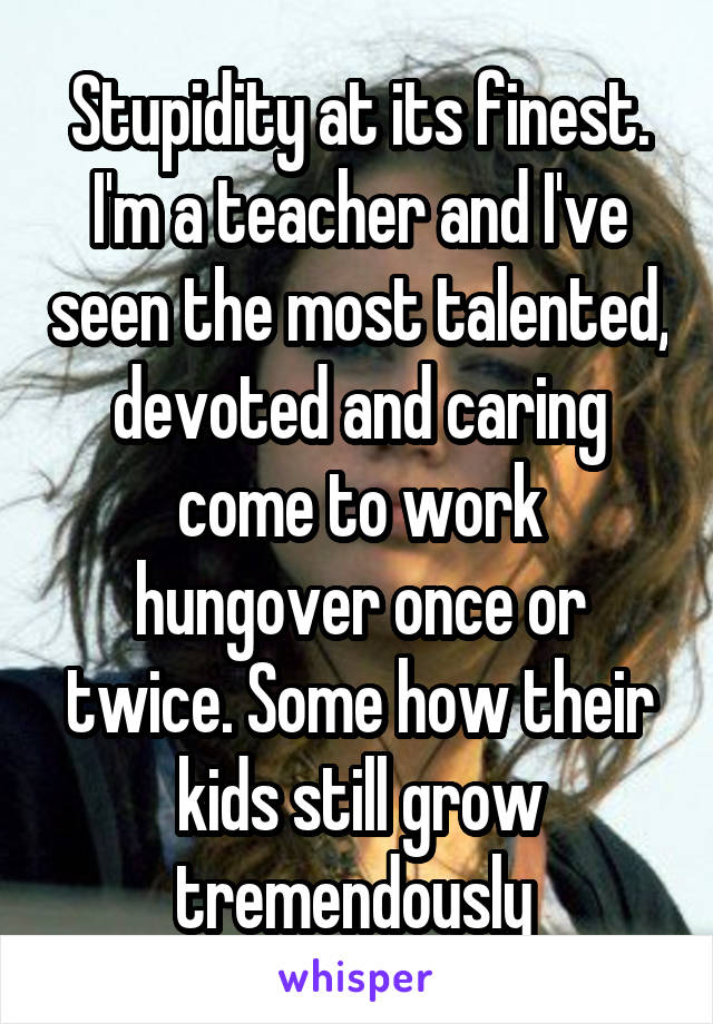 Stupidity at its finest. I'm a teacher and I've seen the most talented, devoted and caring come to work hungover once or twice. Some how their kids still grow tremendously 