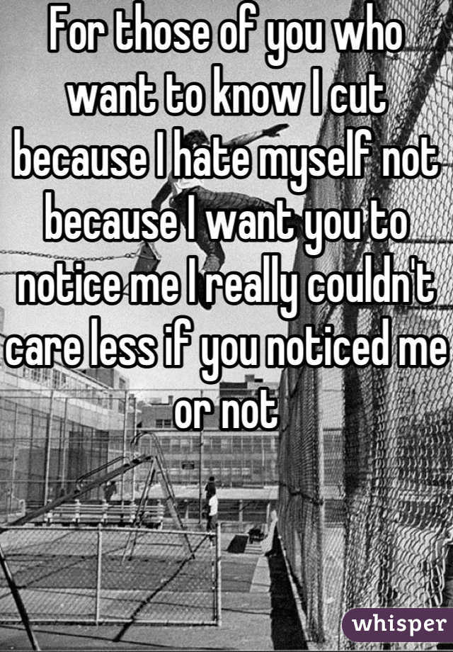 For those of you who want to know I cut because I hate myself not because I want you to notice me I really couldn't care less if you noticed me or not