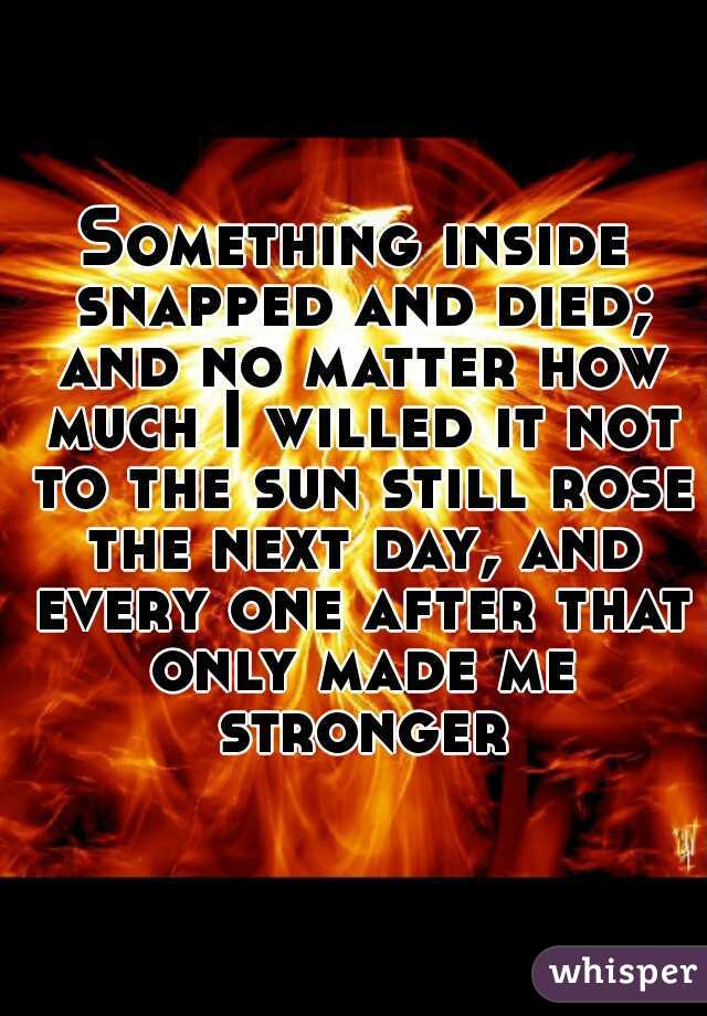 Something inside snapped and died; and no matter how much I willed it not to the sun still rose the next day, and every one after that only made me stronger