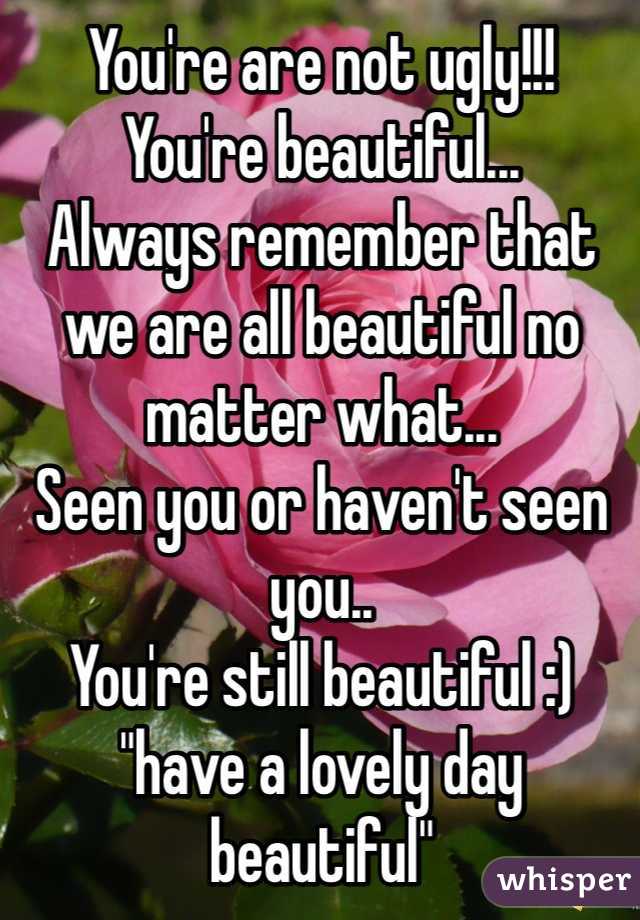 You're are not ugly!!!
You're beautiful...
Always remember that we are all beautiful no matter what...
Seen you or haven't seen you..
You're still beautiful :) 
"have a lovely day beautiful" 