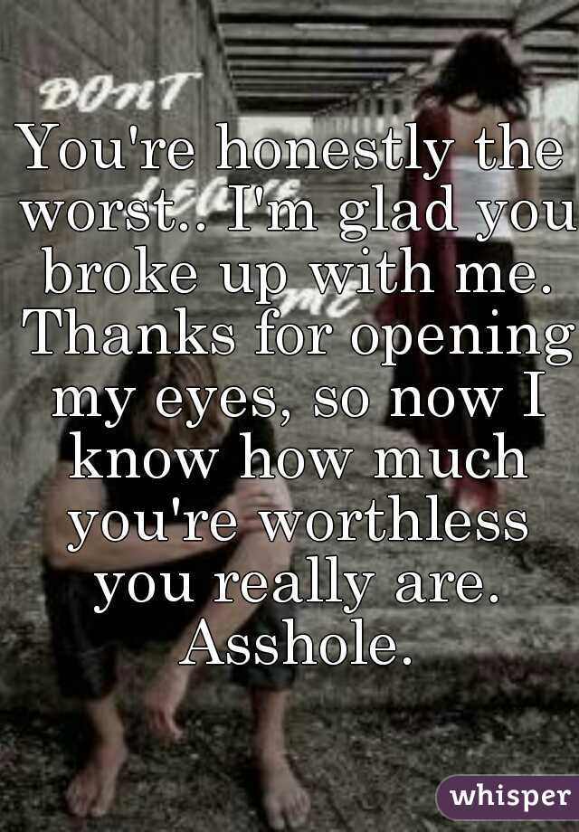 You're honestly the worst.. I'm glad you broke up with me. Thanks for opening my eyes, so now I know how much you're worthless you really are. Asshole.
