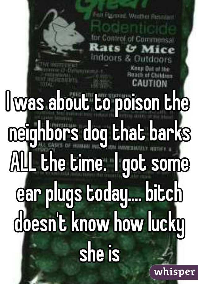 I was about to poison the neighbors dog that barks ALL the time.  I got some ear plugs today.... bitch doesn't know how lucky she is

