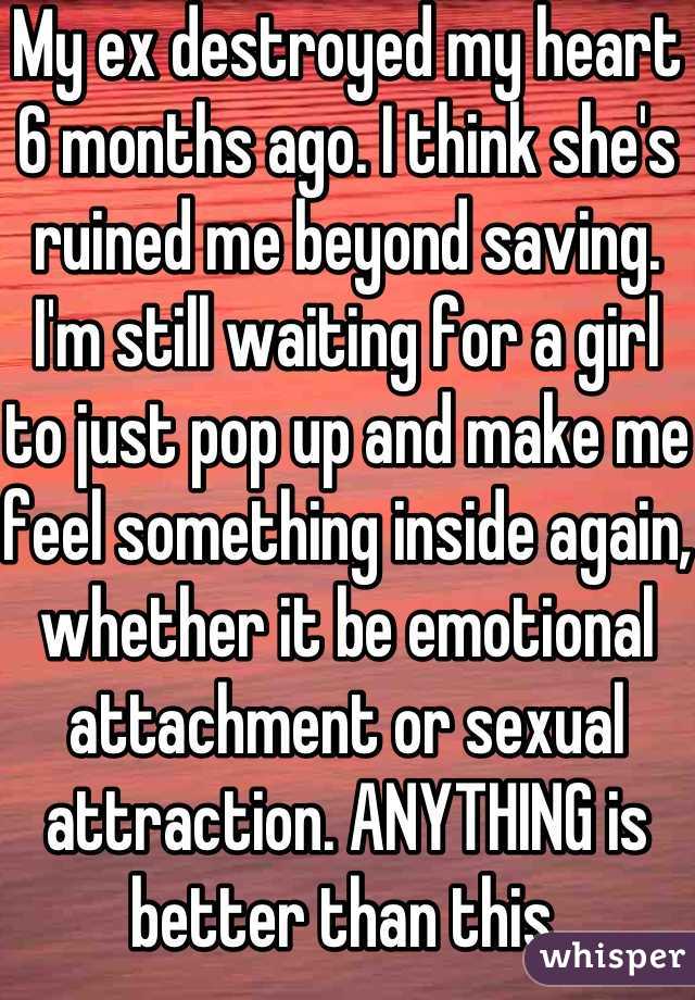 My ex destroyed my heart 6 months ago. I think she's ruined me beyond saving. I'm still waiting for a girl to just pop up and make me feel something inside again, whether it be emotional attachment or sexual attraction. ANYTHING is better than this.
