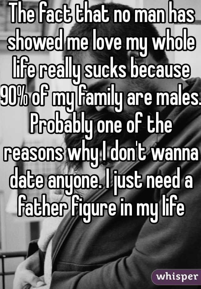 The fact that no man has showed me love my whole life really sucks because 90% of my family are males. Probably one of the reasons why I don't wanna date anyone. I just need a father figure in my life
