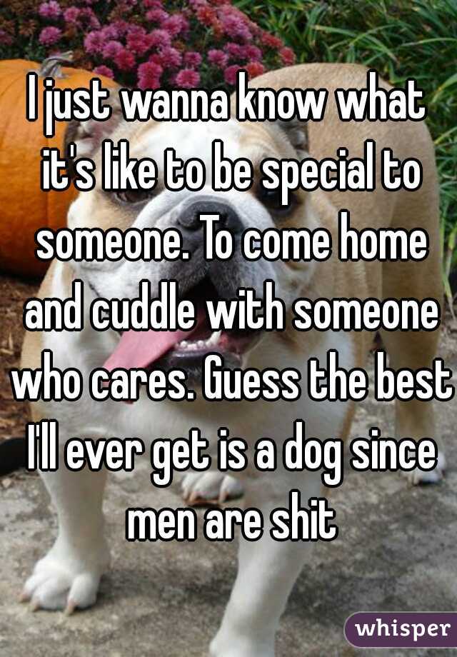 I just wanna know what it's like to be special to someone. To come home and cuddle with someone who cares. Guess the best I'll ever get is a dog since men are shit