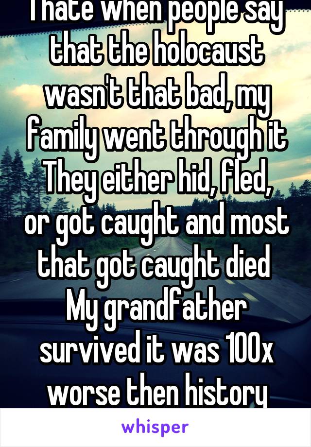 I hate when people say that the holocaust wasn't that bad, my family went through it
They either hid, fled, or got caught and most that got caught died 
My grandfather survived it was 100x worse then history tells us
