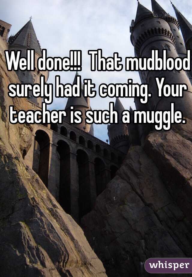 Well done!!!  That mudblood surely had it coming. Your teacher is such a muggle.