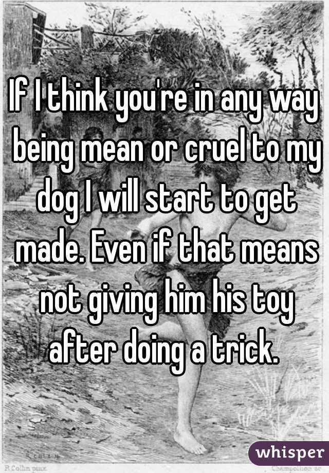 If I think you're in any way being mean or cruel to my dog I will start to get made. Even if that means not giving him his toy after doing a trick. 