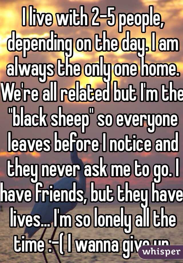 I live with 2-5 people, depending on the day. I am always the only one home. We're all related but I'm the "black sheep" so everyone leaves before I notice and they never ask me to go. I have friends, but they have lives... I'm so lonely all the time :-( I wanna give up. 
