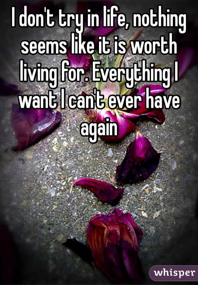I don't try in life, nothing seems like it is worth living for. Everything I want I can't ever have again