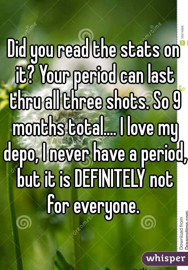 Did you read the stats on it? Your period can last thru all three shots. So 9 months total.... I love my depo, I never have a period, but it is DEFINITELY not for everyone. 