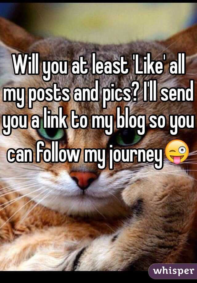 
Will you at least 'Like' all my posts and pics? I'll send you a link to my blog so you can follow my journey😜