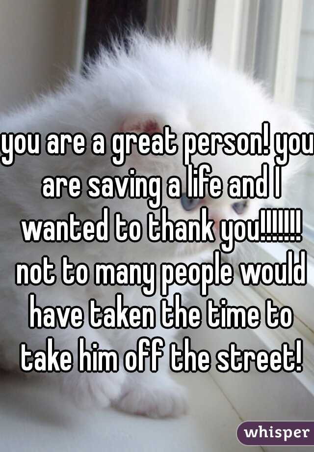 you are a great person! you are saving a life and I wanted to thank you!!!!!!! not to many people would have taken the time to take him off the street!