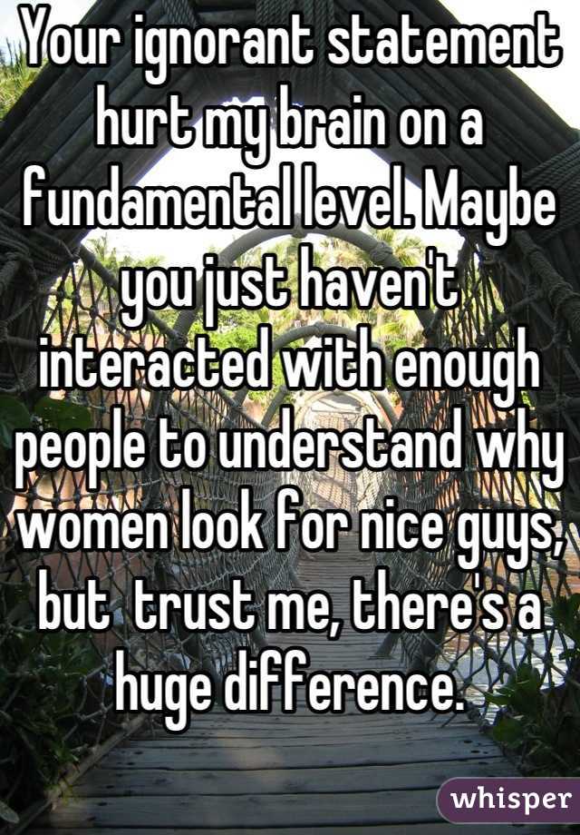 Your ignorant statement hurt my brain on a fundamental level. Maybe you just haven't interacted with enough people to understand why women look for nice guys, but  trust me, there's a huge difference.
