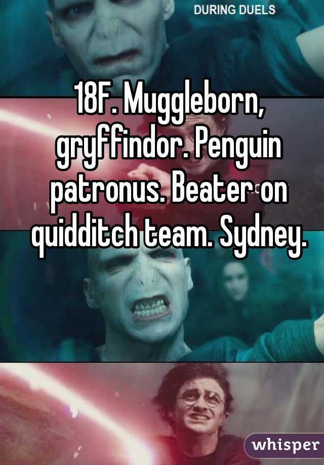 18F. Muggleborn, gryffindor. Penguin patronus. Beater on quidditch team. Sydney. 