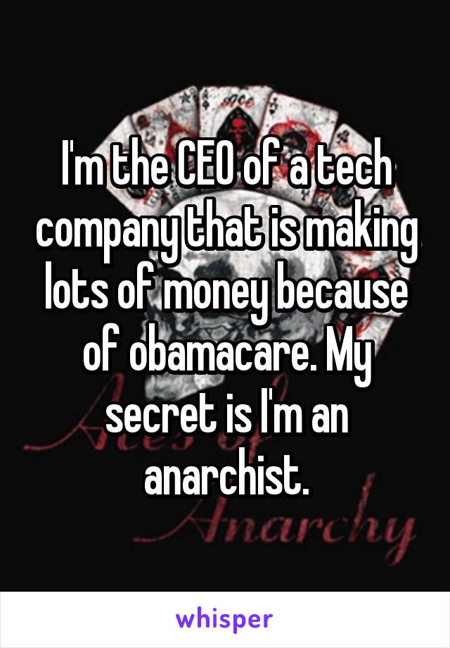 I'm the CEO of a tech company that is making lots of money because of obamacare. My secret is I'm an anarchist.