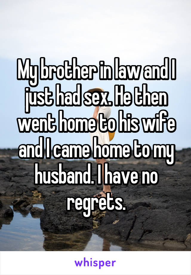 My brother in law and I just had sex. He then went home to his wife and I came home to my husband. I have no regrets.