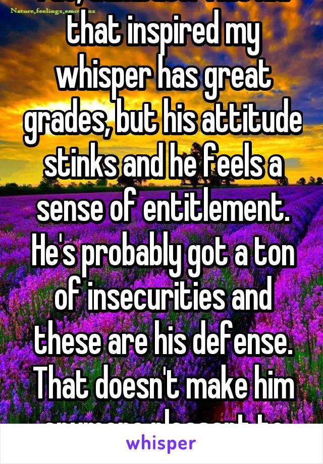 I do, dumbass. This kid that inspired my whisper has great grades, but his attitude stinks and he feels a sense of entitlement. He's probably got a ton of insecurities and these are his defense. That doesn't make him anymore pleasant to deal with.