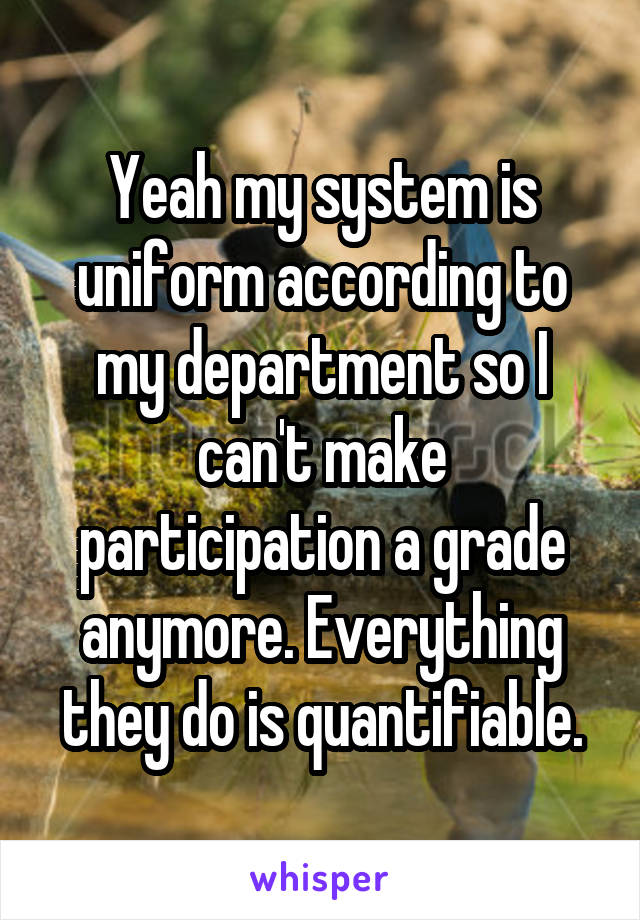 Yeah my system is uniform according to my department so I can't make participation a grade anymore. Everything they do is quantifiable.