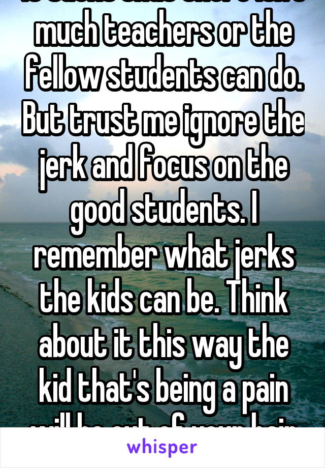 It sucks that there isn't much teachers or the fellow students can do. But trust me ignore the jerk and focus on the good students. I remember what jerks the kids can be. Think about it this way the kid that's being a pain will be out of your hair soon.
